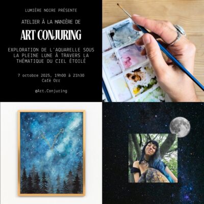 À la manière de Art Conjuring : Exploration de l’aquarelle sous la pleine lune à travers la thématique du ciel étoilé
